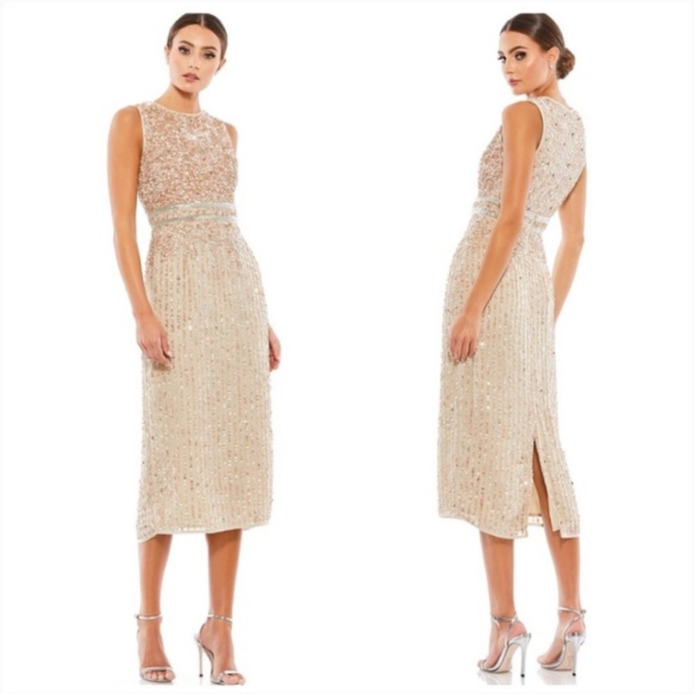 Mac Duggal Gold Sequin Midi Dress